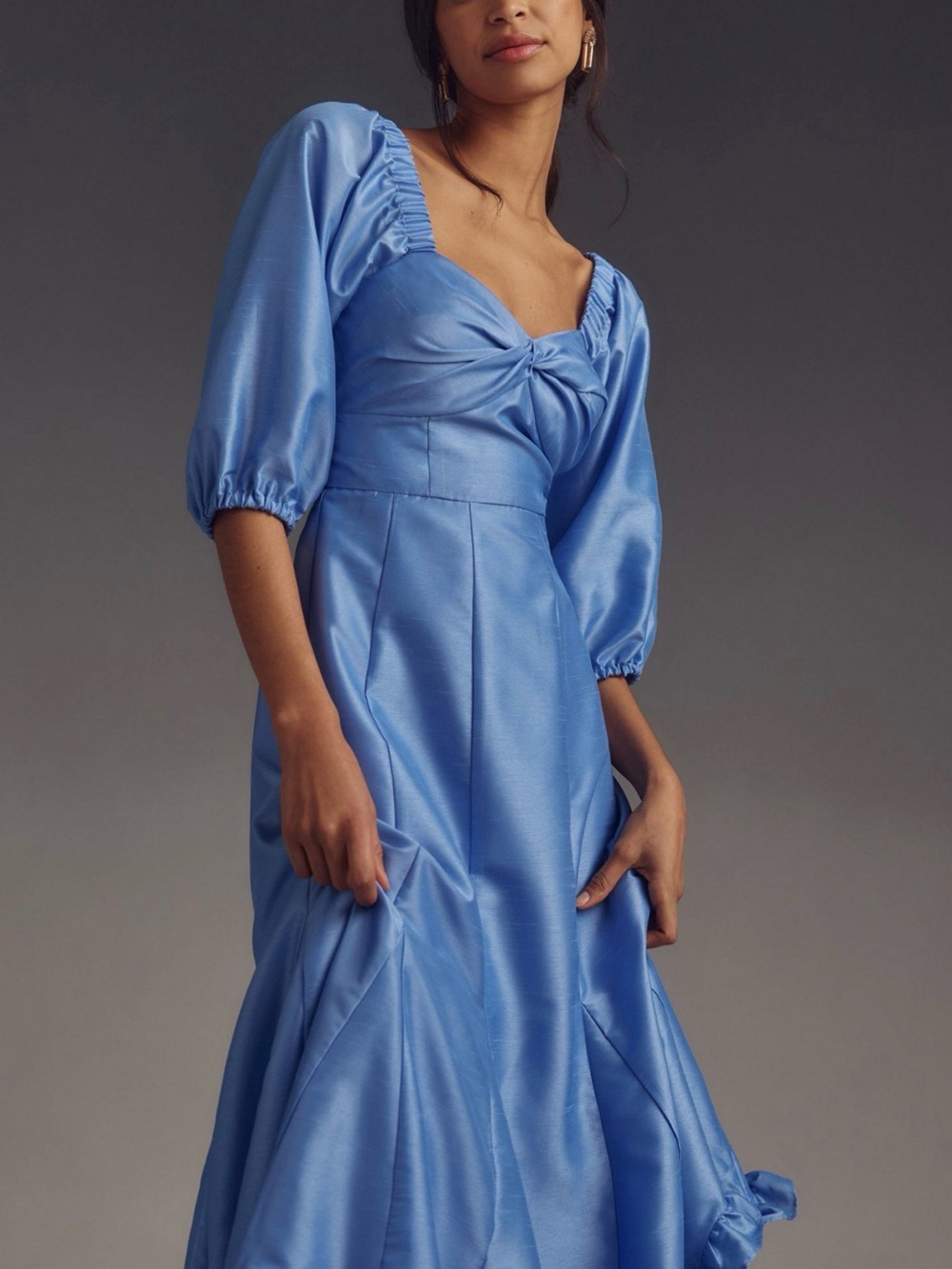 Hutch Blue Satin Puff-Sleeve Twist-Front Midi Dress